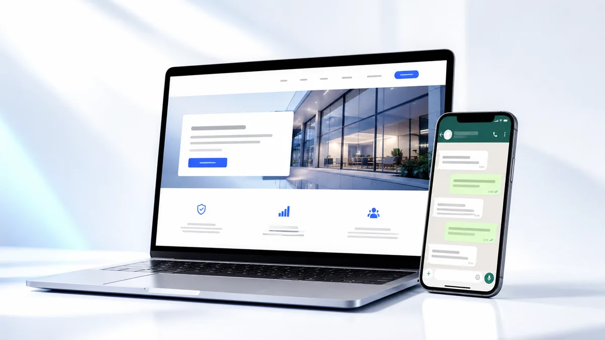 Página web y WhatsApp Business de un negocio, mostrados en laptop y celular